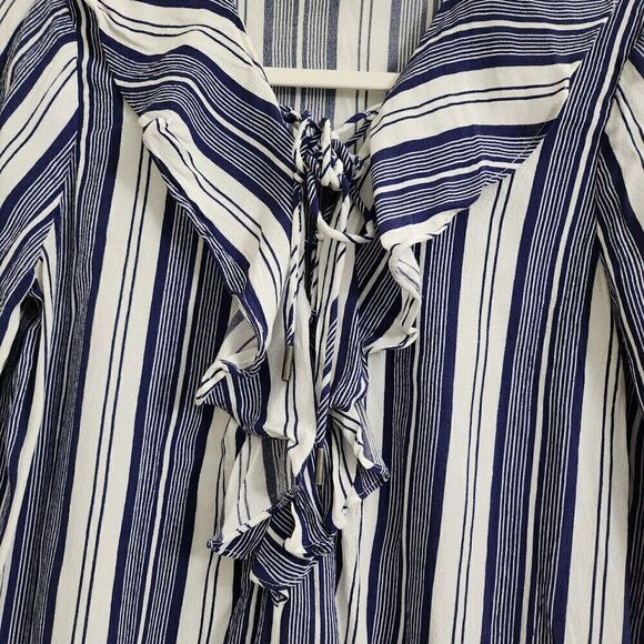 L’Academie Revolve‎ Blouse Small Blue & White Striped Top Ruffled Tie Neck - Picture 3 of 9